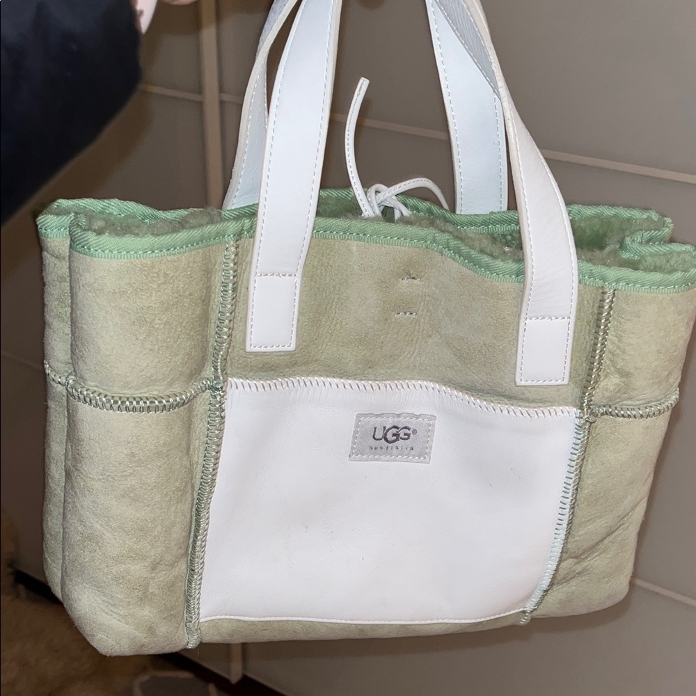 UGG Cream and Mint Shearling Tote with White Leather Pocket